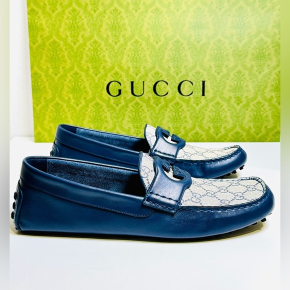 Gucci Interlocking G Driver Loafers Blue Classic Double G Canvas Size 10.5 NEW! - Picture 5 of 16